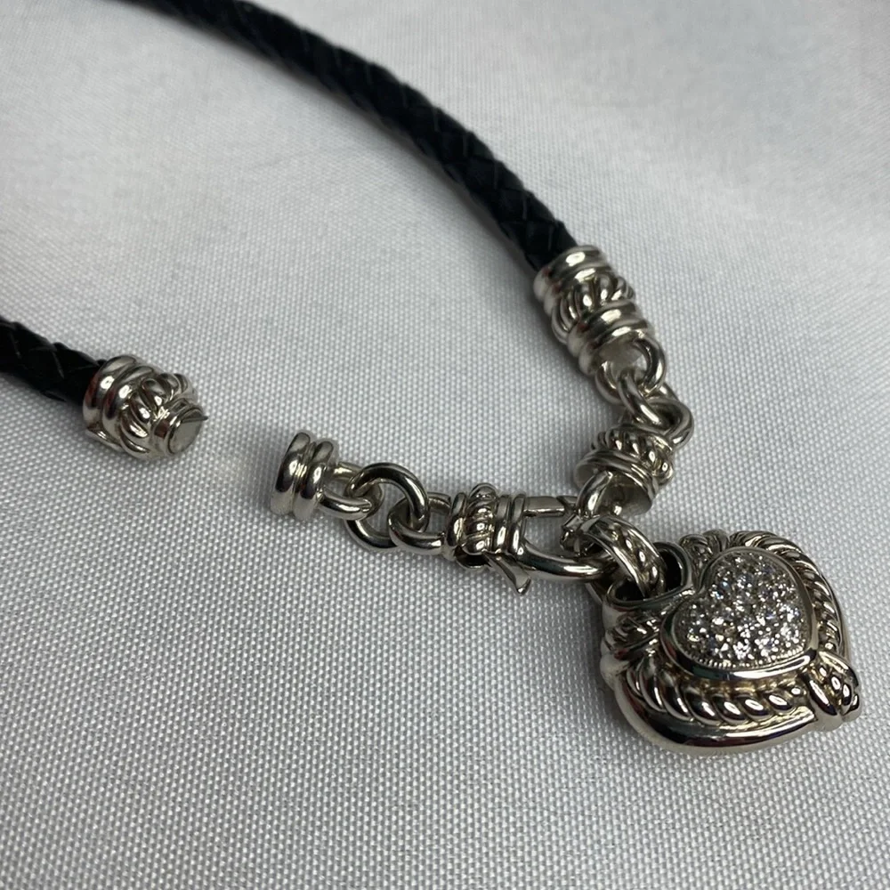 Judith Ripka Sterling Silver leather cord heart Diamonique necklace - Picture 6 of 6